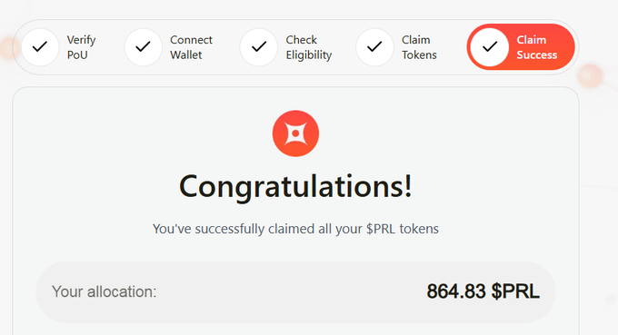 A success page from a cryptocurrency claim shows a 'Congratulations!' message for successfully claiming 864.83 $PRL tokens, with a progress bar indicating 'Claim Success'.