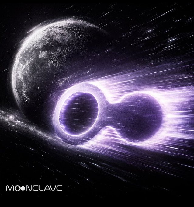 A purple-hued cosmic scene features two black holes colliding near a large moon-like planet, with streaks of light radiating outward, while the text "MOONCLAVE" appears in the bottom left corner—visually evoking the "moon" and "gravity"-themed branding of the prediction market ecosystem mentioned in the post.