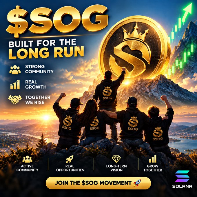 A promotional graphic for the $SOG token on Solana features people wearing '$SOG' hoodies standing on a mountain peak at sunset, with slogans 'BUILT FOR THE LONG RUN,' 'STRONG COMMUNITY,' 'REAL GROWTH,' 'TOGETHER WE RISE,' and 'JOIN THE $SOG MOVEMENT.'