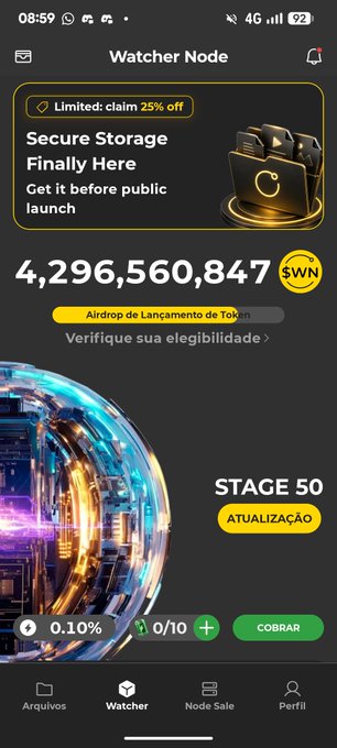 A mobile app screen for 'Watcher Node' showing a token launch airdrop for $WN at 0.10% with 4,296,560,847 tokens, labeled as Stage 50.