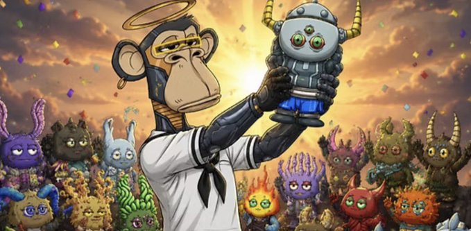 A Bored Ape character adorned with a golden halo and robotic arms holds up a glowing, horned Koda NFT against a sunset sky filled with confetti and other colorful Koda creatures, celebrating a collector's milestone purchase of their 50th Koda for the Otherside Meta collection.