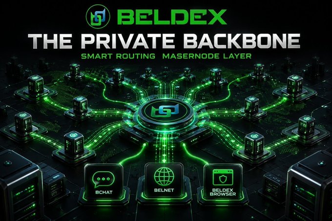 A promotional graphic for BELDEX titled 'THE PRIVATE BACKBONE' with the tagline 'SMART ROUTING MASERNODE LAYER', displaying a network diagram connecting BCHAT, BELNET, and BELDEX BROWSER services.