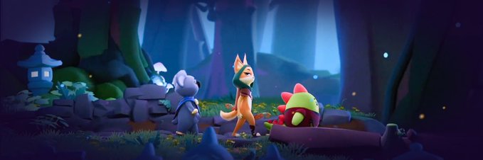 An animated scene shows three cartoon animal characters—a gray creature, a fox-like figure, and a green spiky one—in a mystical forest setting with glowing blue mushrooms.