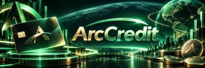 A sleek promotional banner for ArcCredit featuring the text "ArcCredit" in gold lettering alongside a glowing green credit card with the "A" logo, set against a futuristic cityscape with a globe and stacked coins, visually reinforcing the project's mission of bringing onchain credit and programmable capital to ARC Chain ($ACRD).