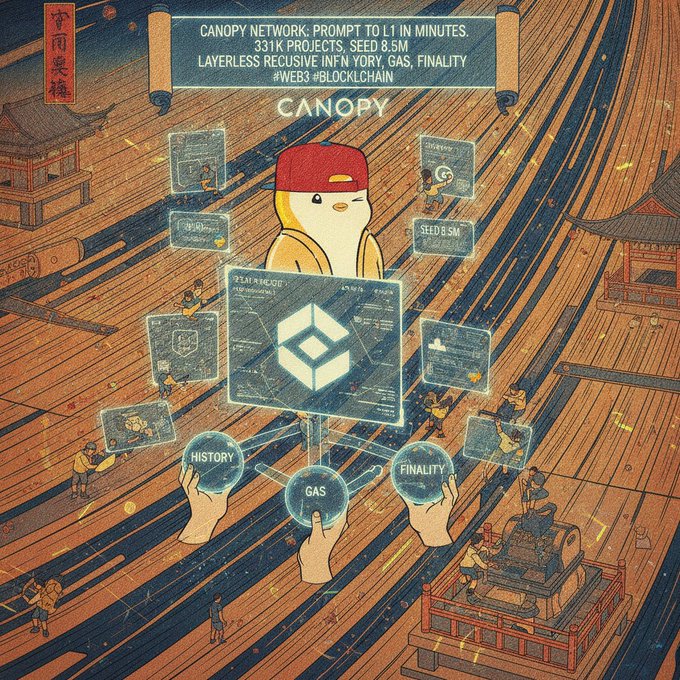 A stylized promotional illustration for Canopy Network features a penguin mascot in a red cap surrounded by Japanese pagoda architecture, with text highlighting 'PROMPT TO L1 IN MINUTES,' '331K PROJECTS,' 'SEED 8.5M,' and tags for Web3, History, Gas, and Finality.