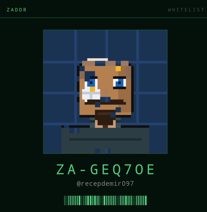 A pixel art portrait of a character with a goatee and blue eyes on a dark background, labeled 'ZADDR WHITELIST' with the code 'ZA-GEQ7OE' and username '@recepdemir097' above a barcode.
