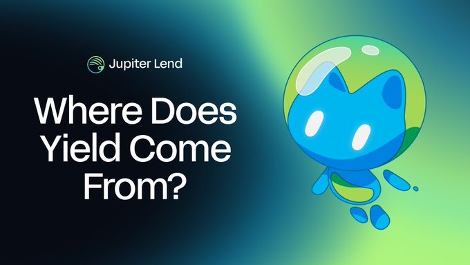 The image features a Jupiter Lend promotional graphic with the headline "Where Does Yield Come From?" alongside a blue, droplet-like mascot character inside a transparent bubble against a teal-to-green gradient background. The text and visual branding tie directly to the post's explanation of how lenders earn yield from borrower interest on the Jupiter Lend platform.