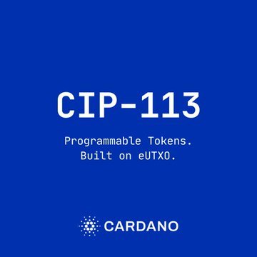 A blue Cardano promotional graphic for 'CIP-113' describing 'Programmable Tokens. Built on eUTXO.' with the Cardano logo at the bottom.