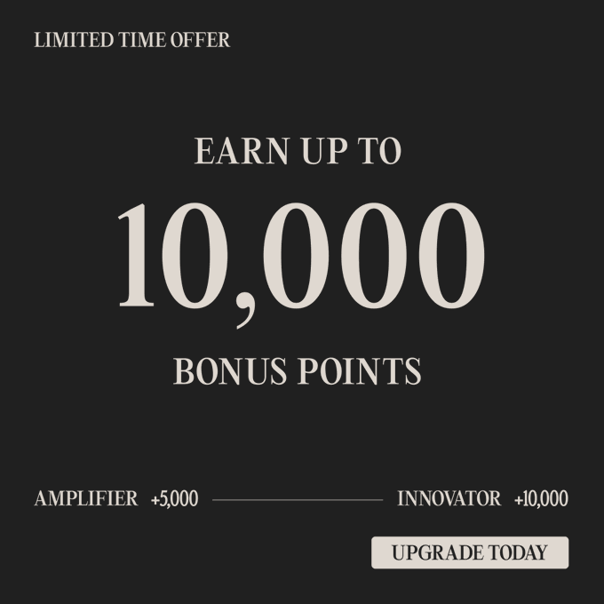 The image shows a black background with white text that reads "Limited time offer" followed by an advertisement for a rewards program. The text indicates that there are 10,000 points available as a bonus for joining the program or upgrading their membership. The text also mentions that the program is designed to help Innovator members and that they can earn up to 10,000 points if they join today.
