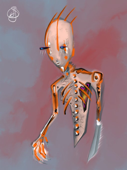 A digital painting of a skeletal, alien-like creature with orange spikes, hollow eyes, and a visible ribcage against a muted pink and gray background.