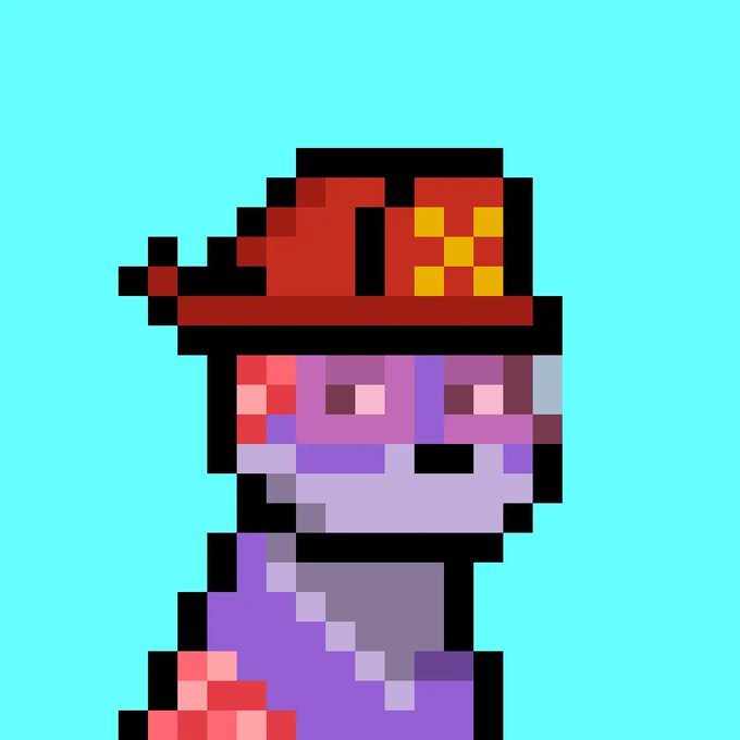 Pixel art of a character with pink and purple hair wearing a red hat against a cyan background.