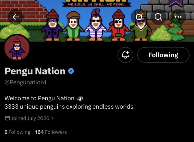 A Twitter/X profile page for "Pengu Nation" (@Pengunation1), featuring a pixel-art banner of penguins in colorful outfits with the text "WE BUILD. WE CHILL. WE PENGU." The bio states "Welcome to Pengu Nation 🐧 3333 unique penguins exploring endless worlds," directly promoting the free mint NFT collection mentioned in the post, which ties to the 164 followers and "Supply: 3333" details from the accompanying tweet.