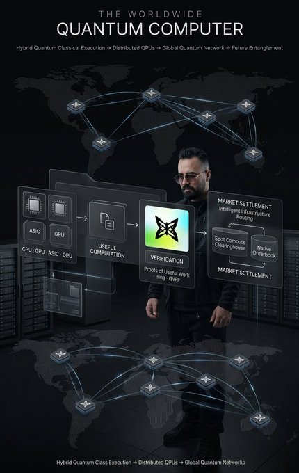 A promotional graphic titled 'THE WORLDWIDE QUANTUM COMPUTER' features a man in black standing amidst holographic diagrams illustrating hybrid quantum classical execution, distributed GPUs, and global quantum networks over a world map.