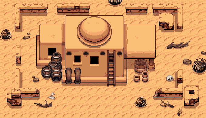 A pixel art depiction of a desert adobe building with a domed roof, surrounded by sand, barrels, wooden crates, and small bushes.