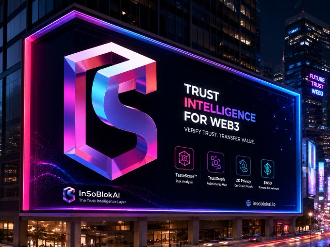 A neon-lit billboard advertisement for InSoBlokAI on a city street at night, featuring a colorful 3D "S" logo with the text "TRUST INTELLIGENCE FOR WEB3 — VERIFY TRUST. TRANSFER VALUE," and icons for TasteScore, TrustGraph, 2K Privacy, and $NSO.