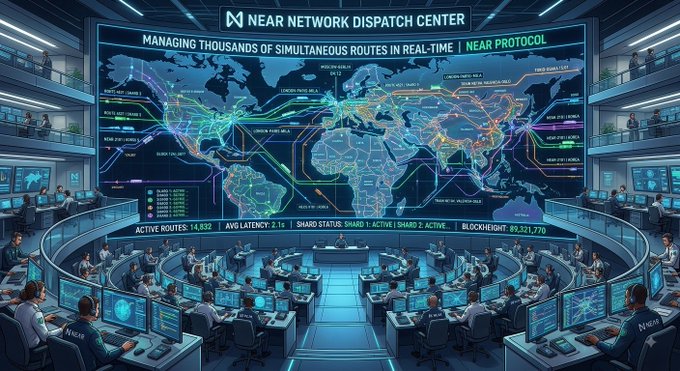 An illustration of the 'NEAR NETWORK DISPATCH CENTER' with text 'MANAGING THOUSANDS OF SIMULTANEOUS ROUTES IN REAL-TIME | NEAR PROTOCOL,' depicting operators monitoring a world map of network routes with metrics like 'ACTIVE ROUTES: 14,832' and 'AVG LATENCY: 3.1s.'