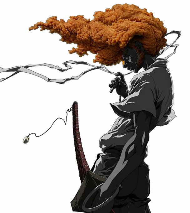 An anime-style illustration shows a character with a large brown afro and gray uniform smoking, with a long tongue extending out and catching a chain attached to a large weapon.