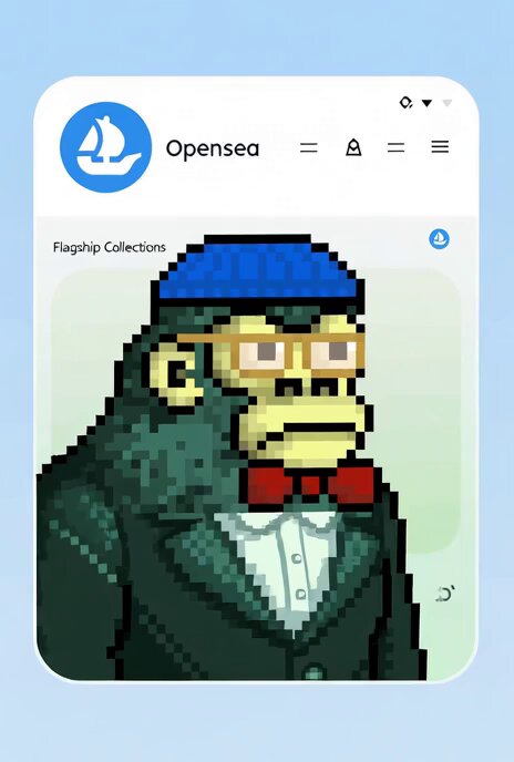 The image features a cartoon depiction of a gorilla wearing glasses, a suit, and a bow tie. The gorilla appears to be standing against a blue background with white text that reads "OPENSEA FLAGSHIP COLLECTIONS". The caption below the image states "Listen up carefully @opensea ... Sound on", which could possibly be an invitation for viewers to pay attention to the post or provide feedback about it.