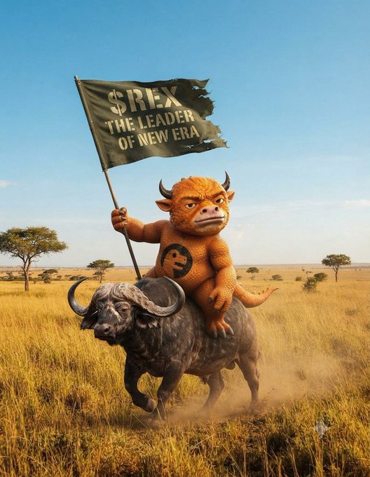 AI-generated surreal image of a small orange bull-like creature with a Bitcoin logo on its chest riding a cape buffalo through a savanna while holding a tattered '$REX THE LEADER OF NEW ERA' flag.