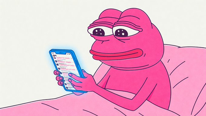 A digital illustration of Pepe the Frog lying in bed, smiling as he holds a smartphone displaying messages about cryptocurrency staking rewards, including $8.97 and $9.07 figures.