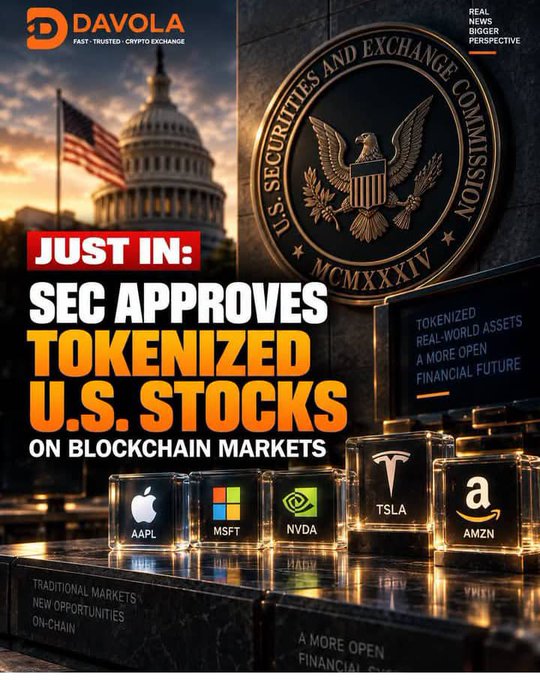 A promotional graphic from "Davola Fast Trusted Crypto Exchange" announcing "JUST IN: SEC APPROVES TOKENIZED U.S. STOCKS ON BLOCKCHAIN MARKETS," featuring the U.S. Capitol, the SEC seal, and glass cubes displaying tickers AAPL, MSFT, NVDA, TSLA, and AMZN, with the tagline "Tokenized real-world assets, a more open financial future"—visually reinforcing the news of the SEC's Innovation Exemption enabling on-chain trading of tokenized securities like major tech stocks.