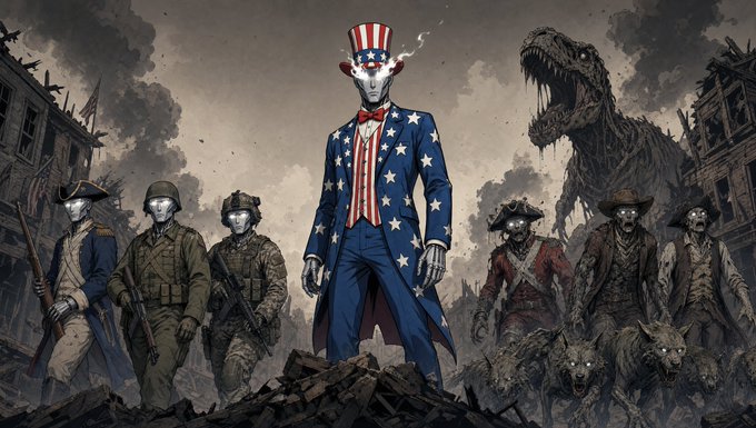 A sinister Uncle Sam with glowing red eyes stands at the center of a ruined battlefield, flanked by colonial soldiers and zombie-like figures with snarling wolves, while a massive roaring monster looms in the background—evoking the chaotic, post-apocalyptic "us vs. them" spirit of a newly launched gaming competition.