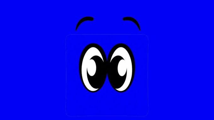 The image features a blue square with two large black eyes and a small white dot below them. The background of the image is a solid blue color that matches the eyes, creating a cohesive visual effect. There are no other objects or text present in the image.