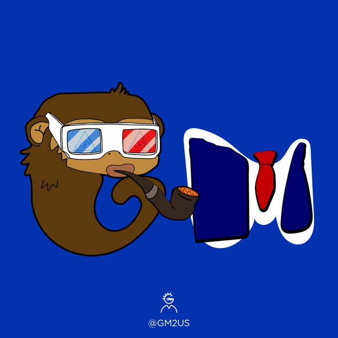 A cartoon illustration on a blue background featuring a brown monkey wearing 3D glasses and smoking a pipe, alongside a stylized 'GM2' logo with a red tie, credited to @GM2US.