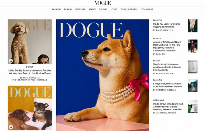 A Vogue webpage featuring 'DOGUE' magazine covers, including a Shiba Inu wearing pearls and a pink bow, and another cover with poodles.