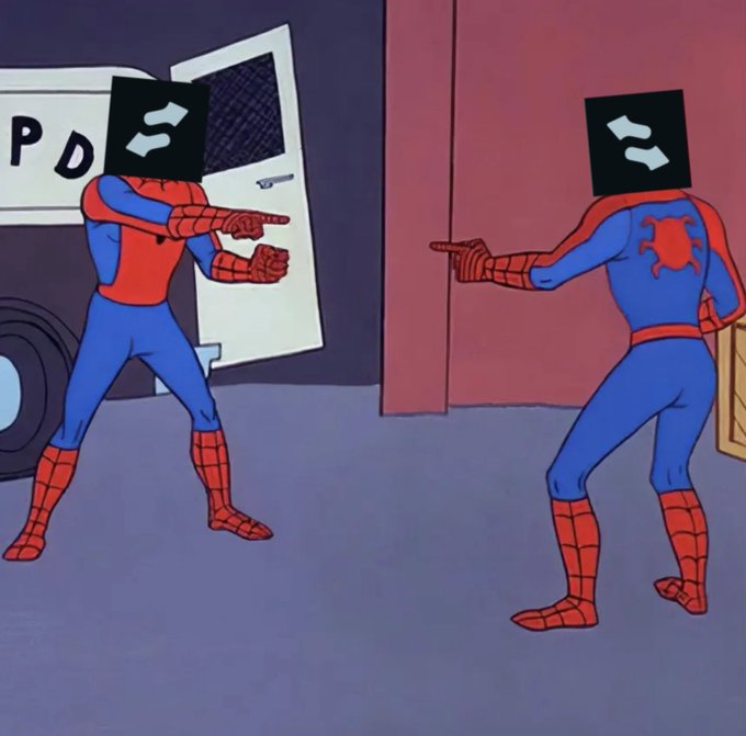 A cartoon image showing two Spider-Man characters pointing guns at each other, with their faces replaced by black squares containing white question marks.