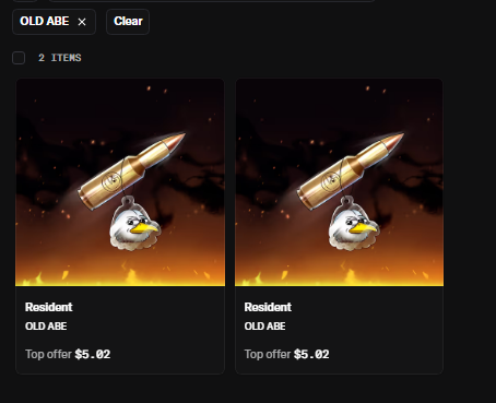 A marketplace interface displaying two identical listings for 'Resident' from 'OLD ABE' featuring a bullet and a duck, each with a top offer of $5.82.