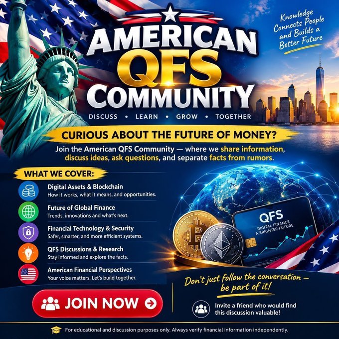 An American QFS Community promotional graphic with Statue of Liberty imagery, cryptocurrency coins, and a New York skyline, advertising discussions on digital assets and blockchain, finance, and security.