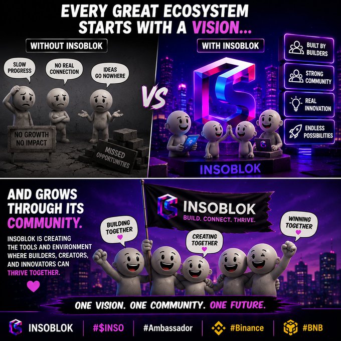 A promotional graphic for "INSOBLOK" cryptocurrency, comparing ecosystems "without Insoblok" versus "with Insoblok," with hashtags #INSO, #Ambassador, #Binance, and #BNB at the bottom.