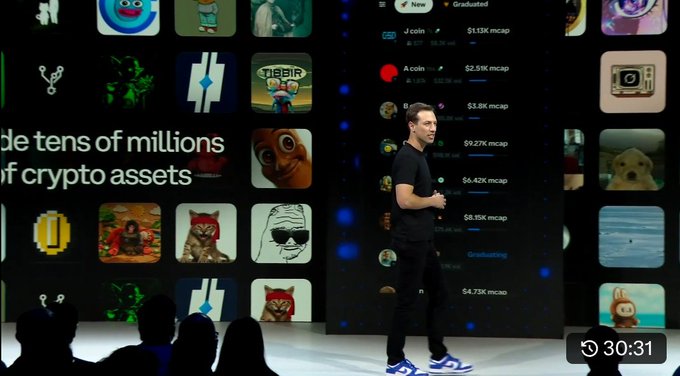 The image shows a man standing behind a screen, giving a presentation or speech. The background features a large number of screens displaying various images and icons related to cryptocurrency and Bitcoin. The text "Solid @coinbase System Update just now! Lots of cool things coming for @base Also... $TIBBIR spotted!" is visible in the image, suggesting that there might be an update or new feature related to Bitcoin or a cryptocurrency system.