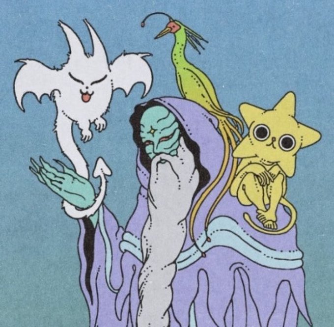 A whimsical illustration depicts a blue-faced figure in a purple robe surrounded by three creatures: a white bat-like animal, a yellow bird, and a yellow star-shaped cat.