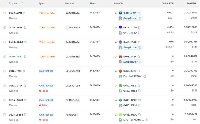 This image shows a transaction log from block 54274314, displaying various token transfers and contract calls (some marked as "Failed") with low ETH values and fees, illustrating stalled or minimal activity. The accompanying post about Robinhood Chain halting block production and Arbitrum confirming continued operation suggests this snapshot represents the network activity during that disruption, highlighting failed contract calls that may have resulted from the stalled transaction processing.