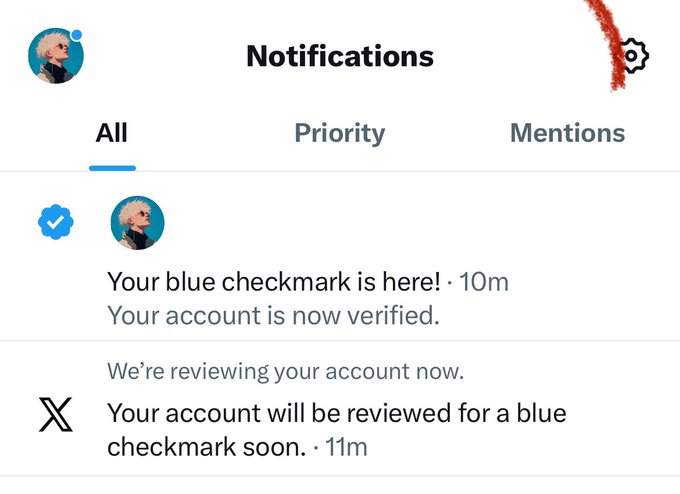 A Twitter/X notifications panel announcing 'Your blue checkmark is here! Your account is now verified.' followed by a pending review message.