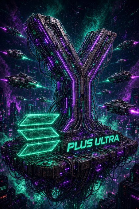 A sci-fi digital artwork features a large metallic Y-shaped structure with glowing purple accents, surrounded by spaceships and a glowing green "PLUS ULTRA" text element.