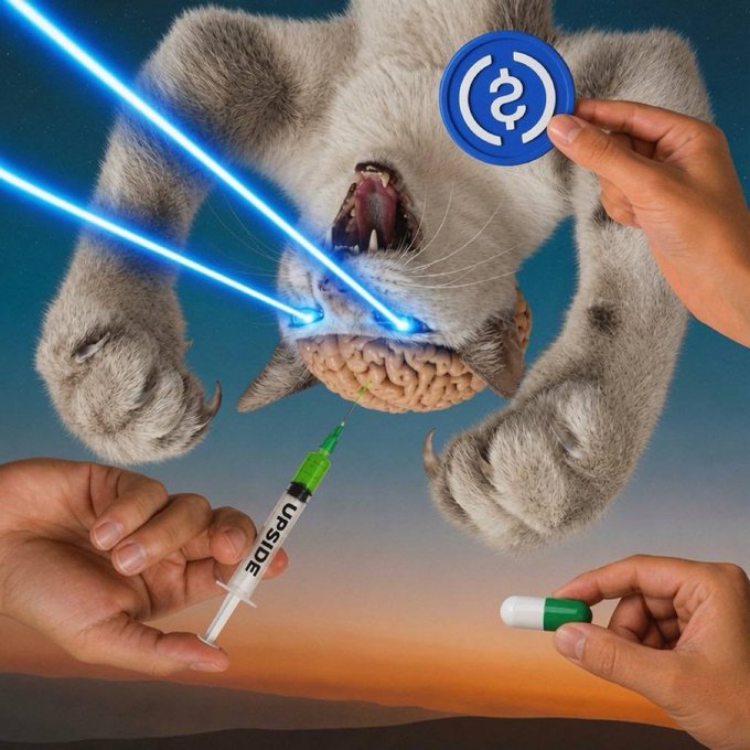 The image features a cat with its mouth open, holding a blue coin in one paw while another person holds a green pill in their other hand. The background of the image shows a sky filled with stars, suggesting that this scene takes place at night or during a special event. The caption on the post reads "Holding #SOL Stable up! $USDC".