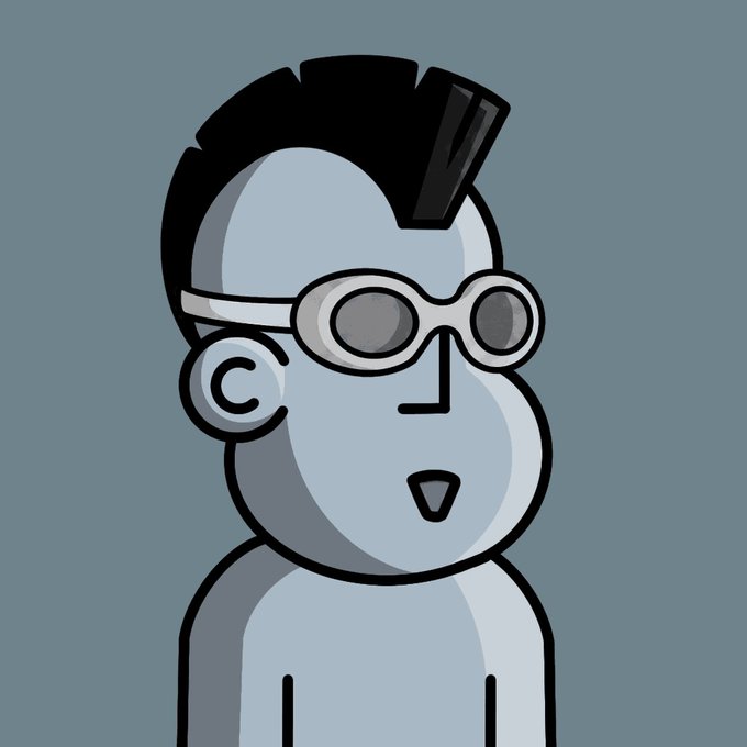 A cartoon character with slicked-back black hair wearing goggles, looking surprised with mouth open, set against a blue-gray background.
