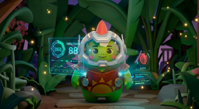 A 3D rendered illustration of a cute green cartoon character wearing a space helmet and colorful outfit, standing in a lush garden setting with holographic floating displays showing "Sleep Score 88" and a heart rate of "87 BPM".