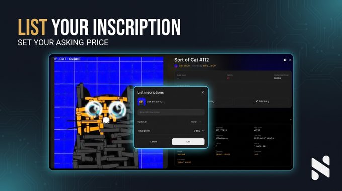 A promotional graphic titled "LIST YOUR INSCRIPTION - SET YOUR ASKING PRICE" showing a digital marketplace interface for listing a pixelated NFT cat character called "IF_CAT / RUBIKÉ" with a price input field displaying 0 SOL.