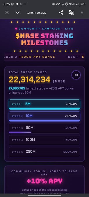 The image shows the $NRSE staking milestones tracker—22,314,234 $NRSE are currently staked, with the next +20% APY tier unlocked at 50 M and each subsequent stage (5 M, 10 M, 50 M, 100 M, 250 M) offering higher APY bonuses up to +300%. It illustrates how every new stake pushes the community toward the next APY tier, exactly as the post describes.