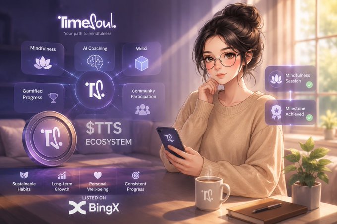 An illustrated woman with glasses holds a smartphone displaying the "TimeSoul" app, surrounded by feature highlights including "Mindfulness," "AI Coaching," "Web3," "Gamified Progress," and "Community Participation," with the "$TTS Ecosystem" branding and a "Listed on BingX" badge. The image visually reinforces the post's message about TimeSoul using AI and Web3 technology to support personal well-being and mindfulness alongside financial growth.