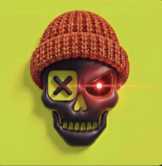 A stylized black skull with a glowing red eye and a yellow "X" in the opposite eye socket wears a brown knitted beanie, set against a bright green background—visually representing the rebellious "WIF Outlaw" NFT collection celebrating its one-month anniversary milestone.