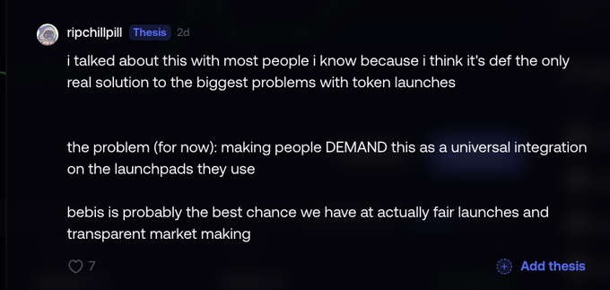 A screenshot of a post by @ripchillpill titled "Thesis" discussing how to create demand for transparent token launches on launchpads, expressing that "bebis is probably the best chance we have at actually fair launches and transparent market making." The post has received 7 likes and relates to the commentary about transparent market making and fair token launches, particularly relevant to the discussion of accurate market cap reporting on tokens like $BUN.