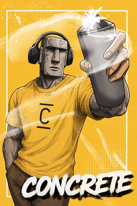 A stylized illustration of a stone/moai-like figure wearing yellow headphones and a yellow t-shirt with a lettering design, holding up a black spray paint can, with the word 'CONCRETE' in white brushstroke text at the bottom against a yellow background.