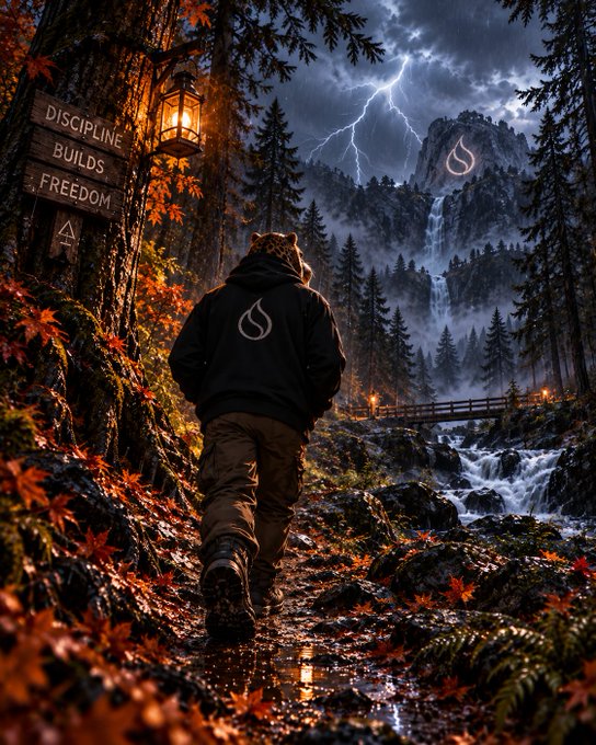 A person in a hooded jacket walks along a forest path toward a dramatic mountain waterfall under a stormy sky with lightning; a wooden sign reads 'DISCIPLINE BUILDS FREEDOM.'