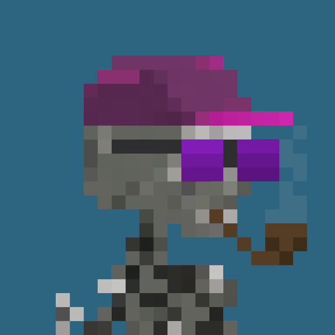 A pixel art character with a magenta cap and helmet resembling a futuristic or sci-fi warrior against a teal background.