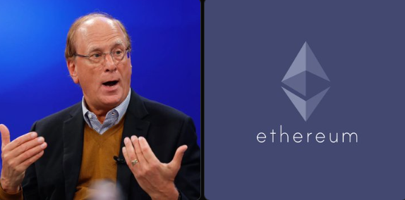 An older man with glasses and a tan sweater gestures while speaking on the left side of the image, while the right side displays the Ethereum logo and the word "ethereum" against a blue background, visually reinforcing the post's message about institutional investors like BlackRock flooding into $ETH with massive ETF inflows.